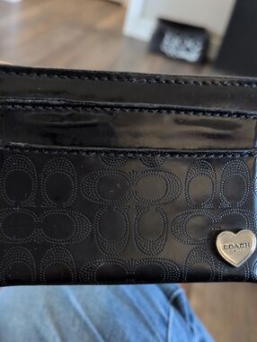 Coach Black Patent Signature Card Holder with Silver  Heart Accent
